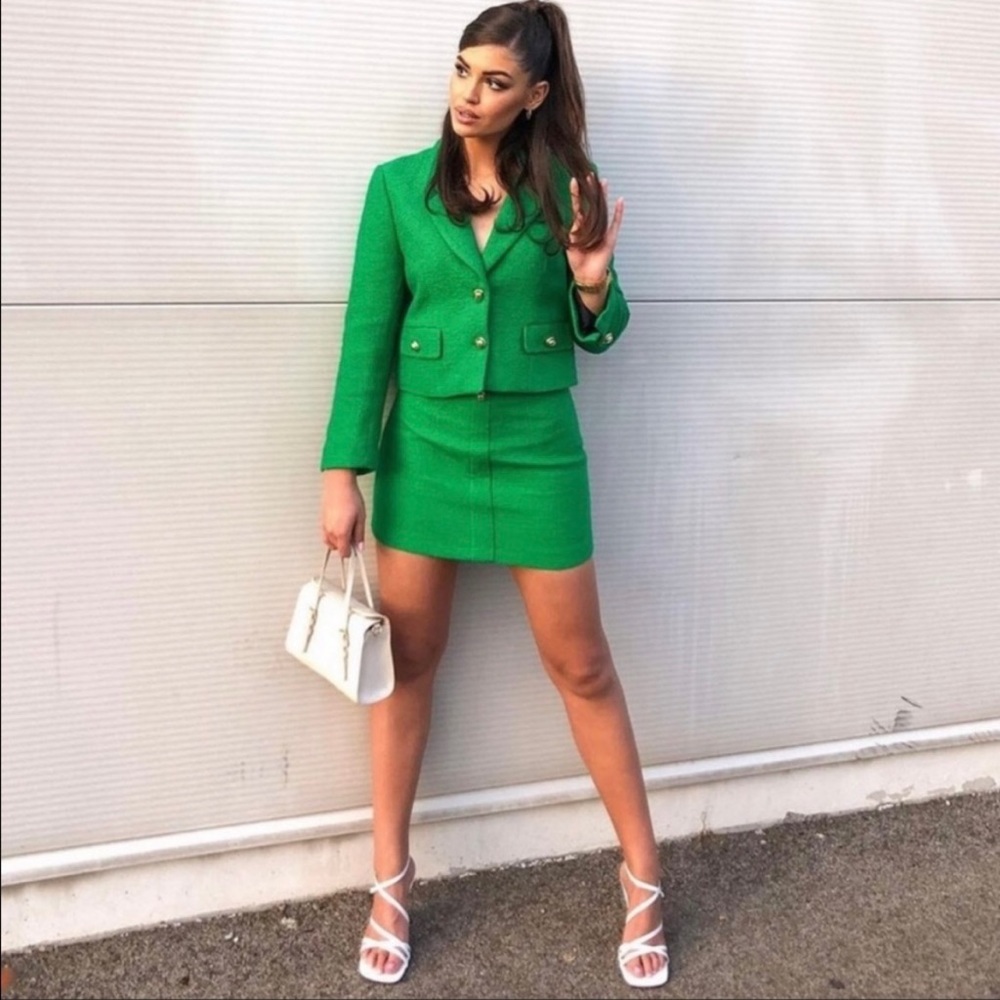 Zara green textured blazer and skirt set